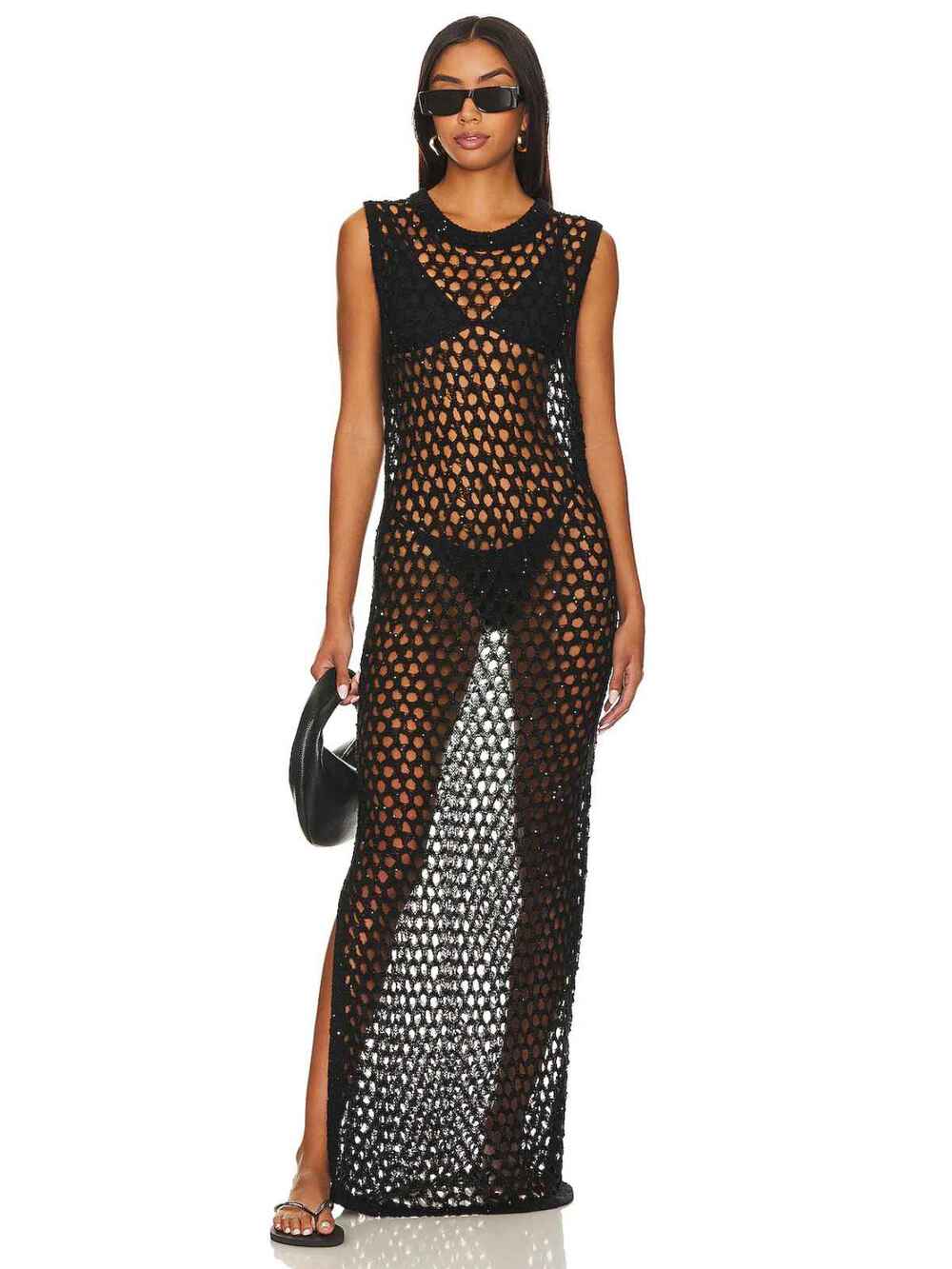 LNA Wool Blend Ry Sparkle Open Knit Maxi Sweater Maxi Dress Black Women's XS